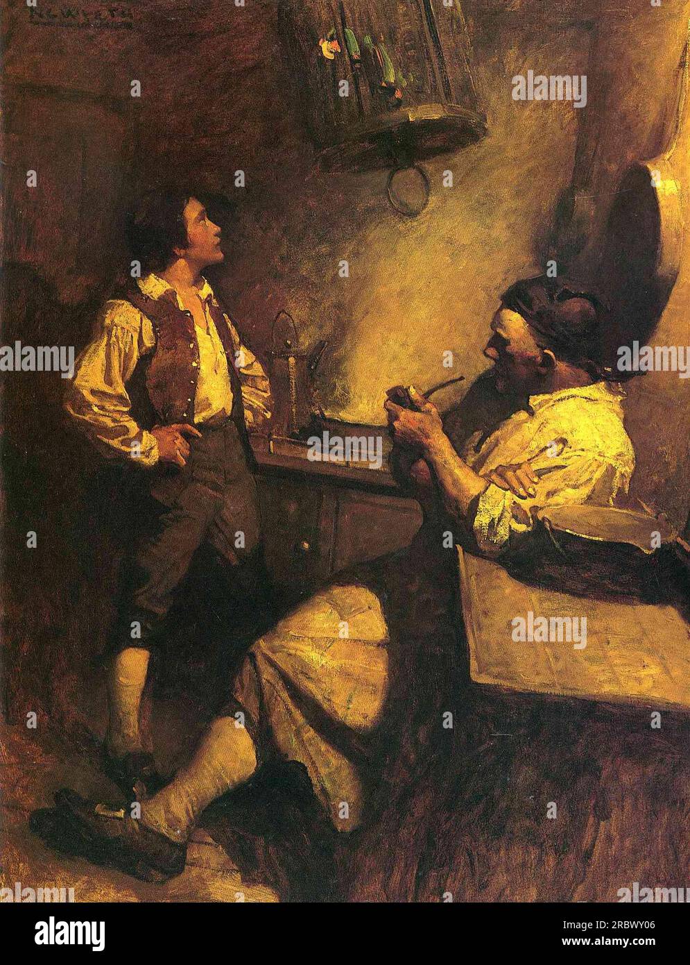 Jim Hawkins, Long John Silver e il suo pappagallo di N.C. Wyeth Foto Stock