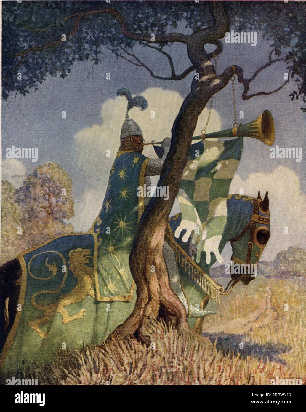 Il cavaliere verde si prepara a combattere Sir Beaumains da N.C. Wyeth Foto Stock