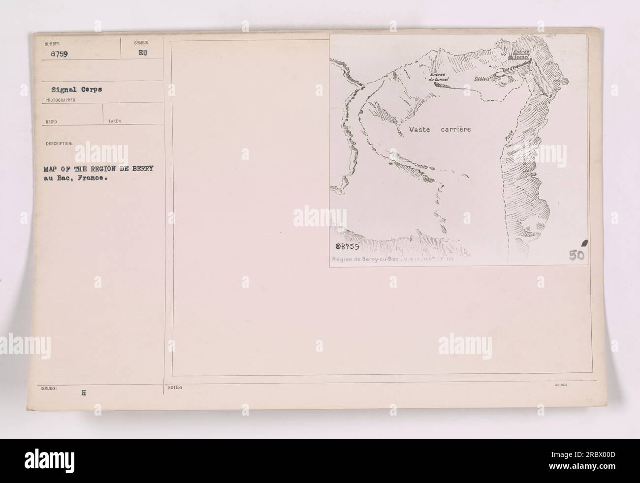"Mappa della regione di Berry au Bac, Francia. La mappa mostra la zona e i suoi dintorni durante la guerra. Include le posizioni contrassegnate e le posizioni importanti. La mappa è uno strumento prezioso per la pianificazione strategica e la navigazione per l'esercito americano”. Foto Stock