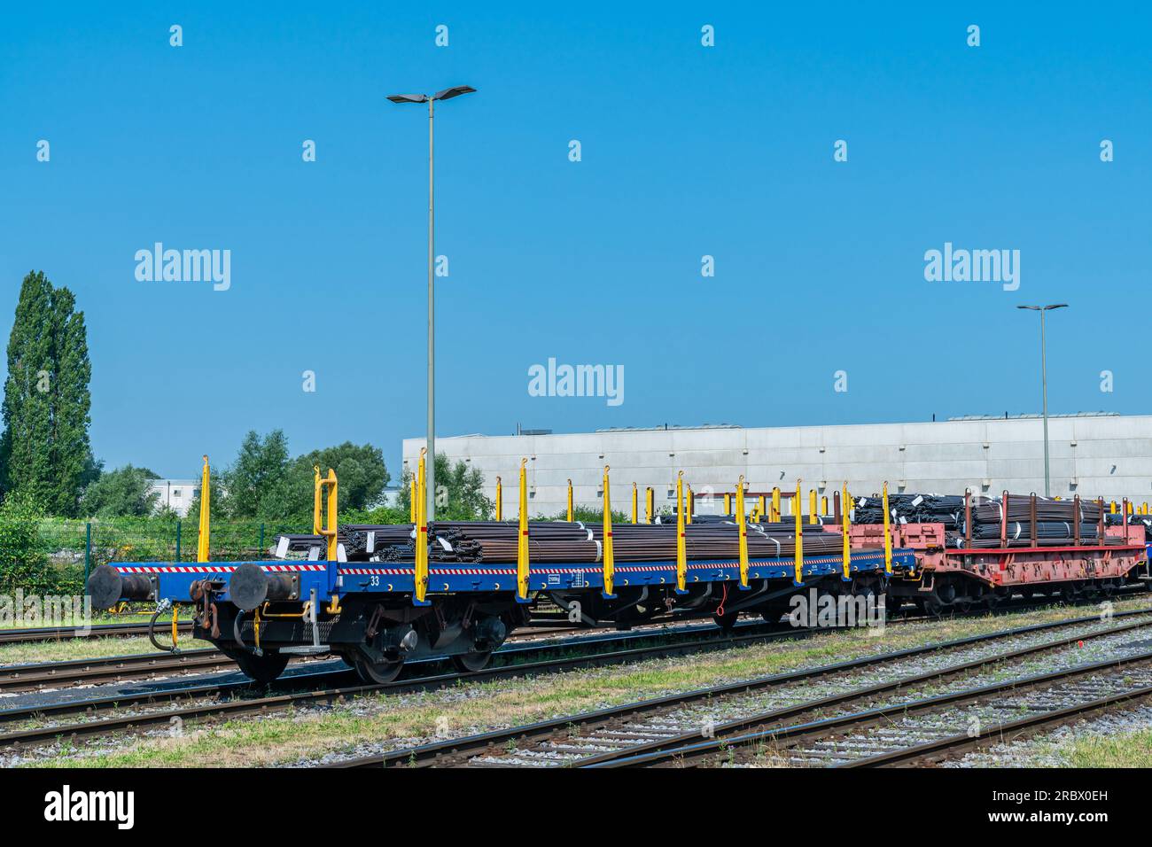 Piattaforme ferroviarie sui binari caricate con fasci di tubi metallici sotto un cielo azzurro. Foto Stock