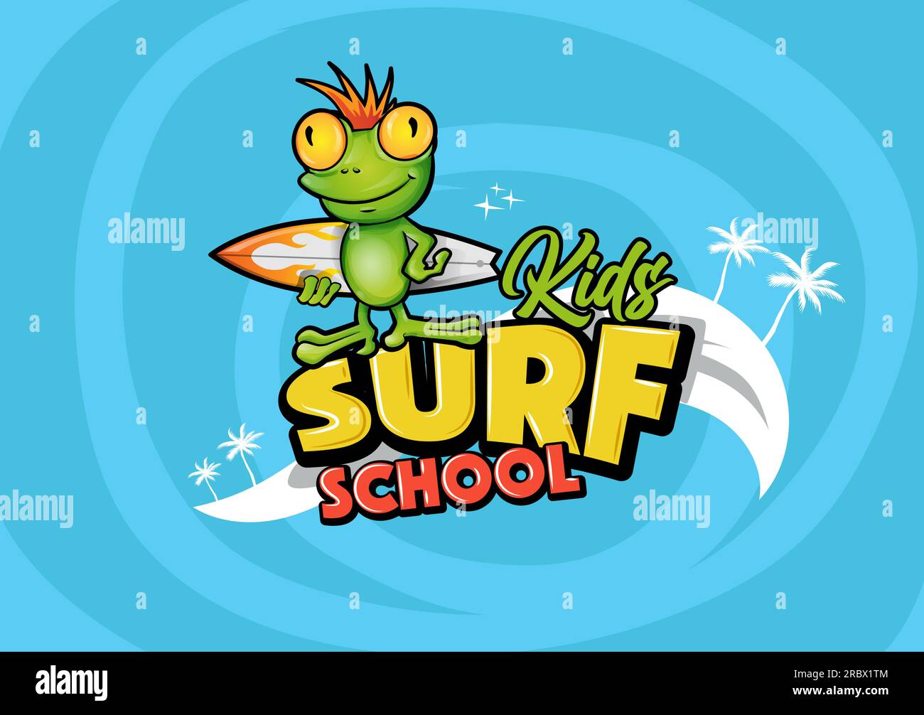 Testo della scuola di surf con cartoni animati di rana, abbigliamento, campo sportivo, viaggio, banner, Stazione di surf.illustrazione vettoriale Illustrazione Vettoriale