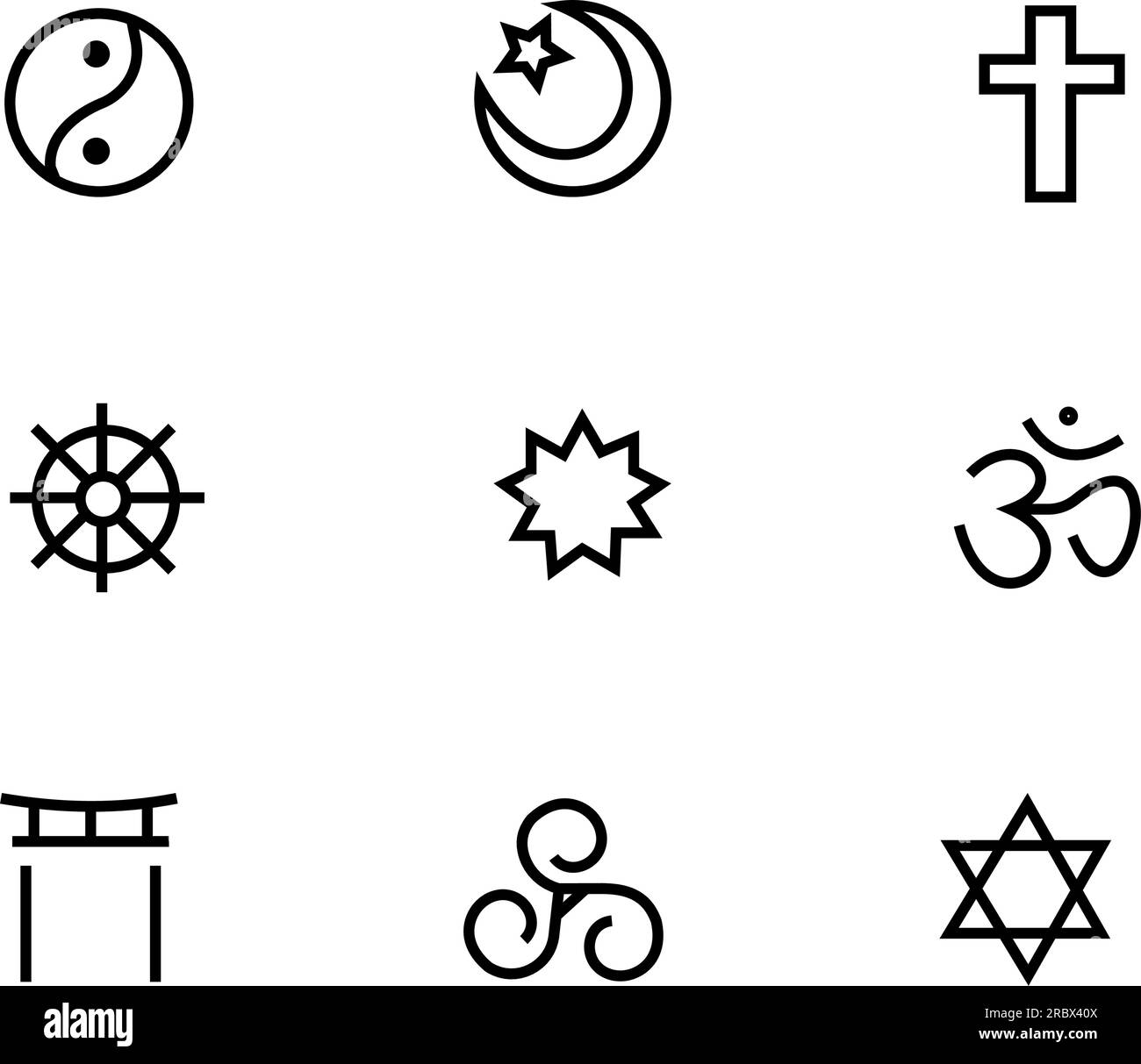 Simboli della religione mondiale. Cristianesimo, Islam, Induismo, Buddismo, Ebraismo, Illustrazione vettoriale icona Taoismo, Shintoismo, Bahaismo e Druidismo. Illustrazione Vettoriale