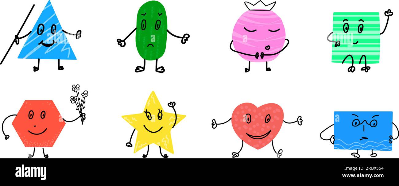 Divertenti figure geometriche. Simpatiche illustrazioni educative. Personaggi emoji di colore infantile a fantasia. Illustrazione Vettoriale Divertenti figure geometriche. Simpatiche illustrazioni educative. Personaggi emoji di colore infantile a fantasia. Illustrazione Vettoriale