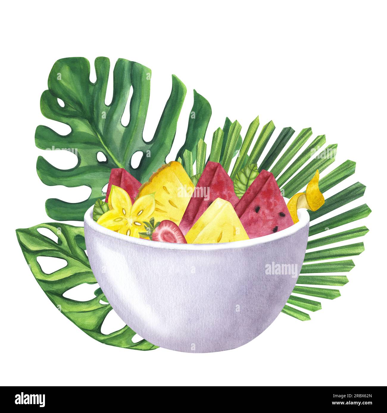 Frutta tropicale, tazza, foglie di palma. Carambola di ananas e fragola di ananas all'ananas. Illustrazione ad acquerello disegnata a mano su sfondo bianco. Per il bar restaura Foto Stock