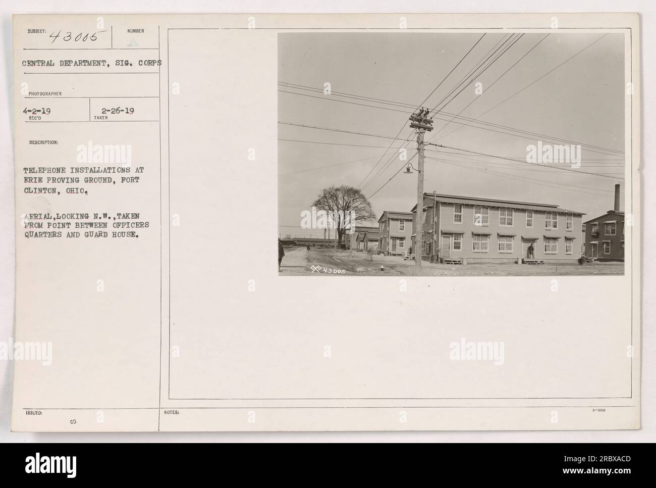Installazioni telefoniche all'Erie Proving Grounds a Clinton, Ohio. Foto aerea scattata il 2/26/1919 guardando N.W. da un punto tra gli ufficiali Quarters e la Guard House. Questa immagine è stata scattata da un fotografo del Dipartimento centrale, Signal Corps." Foto Stock
