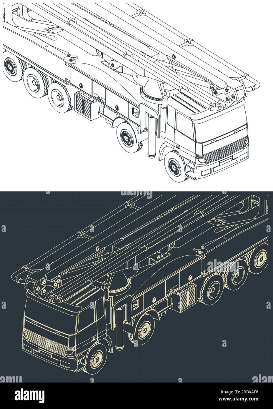 Illustrazioni vettoriali stilizzate di progetti isometrici di autopompe in calcestruzzo Illustrazione Vettoriale