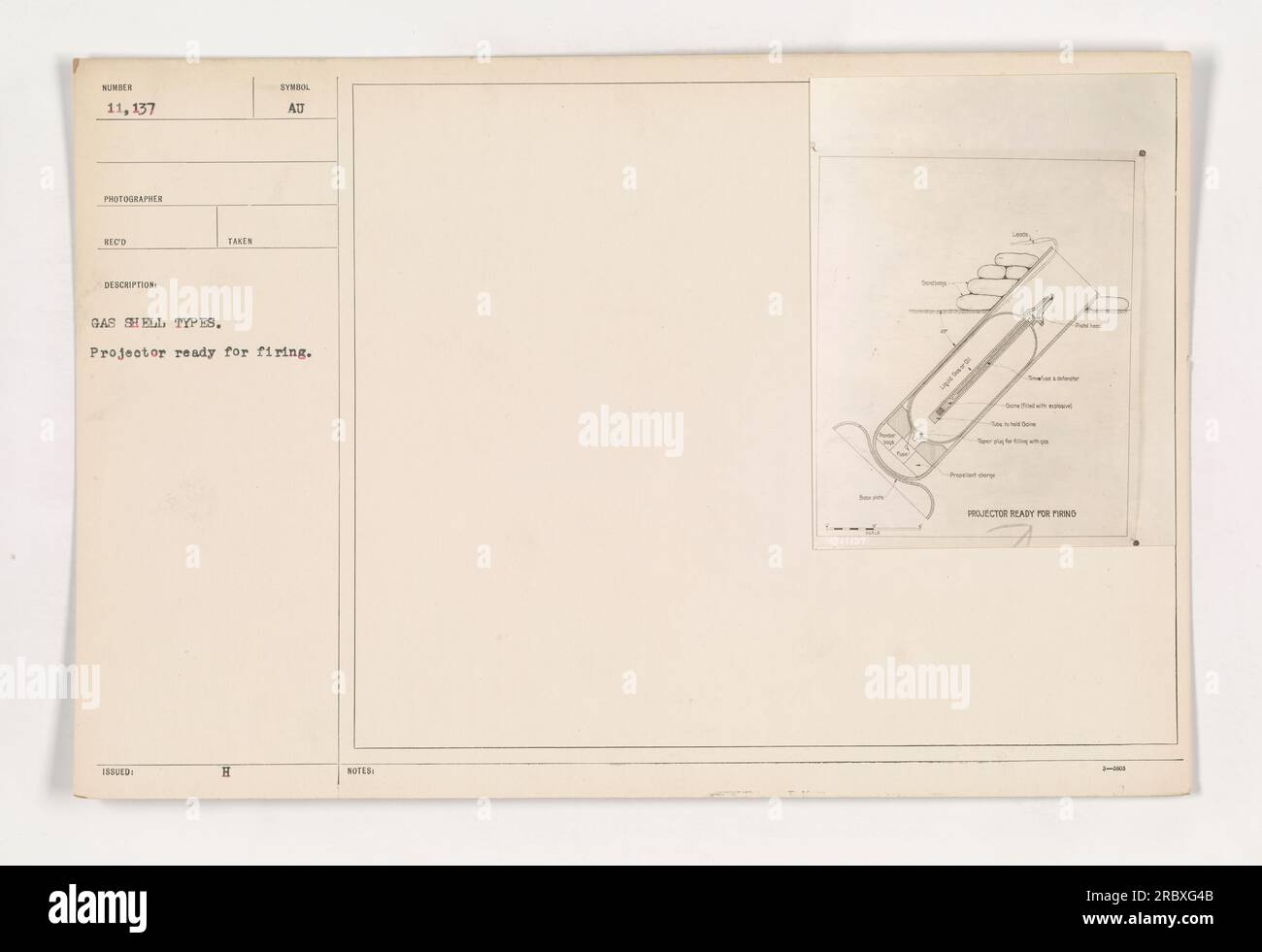 Un proiettore in fase di preparazione per sparare bombole di gas. La fotografia è stata scattata nel 188UD ed è etichettata come numero 11.137 nella raccolta di fotografie delle attività militari americane durante la prima guerra mondiale. L'immagine mostra vari tipi di guscio del gas e un simbolo che indica il bersaglio desiderato. Le annotazioni menzionano un PROIETTORE 2 b coff PRONTO PER PRIND 2-1000. Foto Stock
