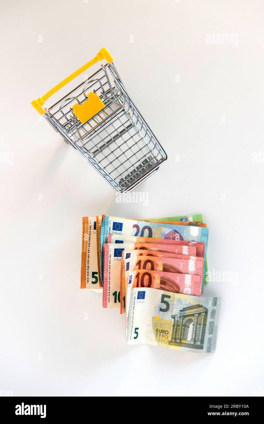 Carrello del supermercato con banconote in euro all'interno su sfondo bianco. Immagine concettuale del potere d'acquisto, delle spese familiari, dei beni essenziali. Foto Stock