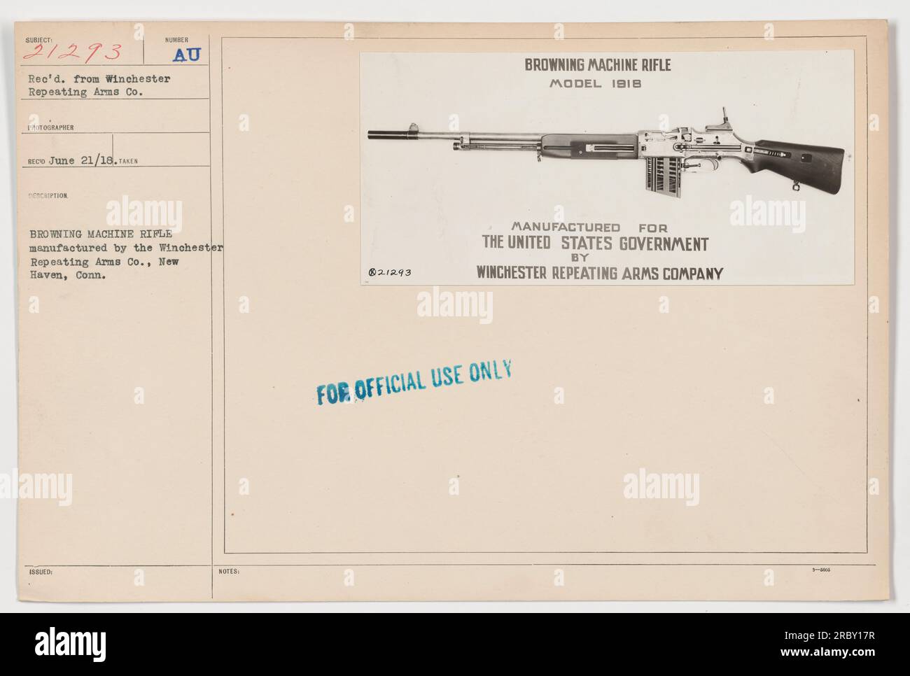 Immagine di un fucile Browning Machine modello 1918, prodotto da Winchester Repeating Arms Co. A New Haven, Conn. Questo fucile fu prodotto per uso ufficiale dal governo degli Stati Uniti durante la prima guerra mondiale. L'immagine è stata ricevuta da Winchester Repeating Arms Co. Il 21 giugno 1918. Foto Stock