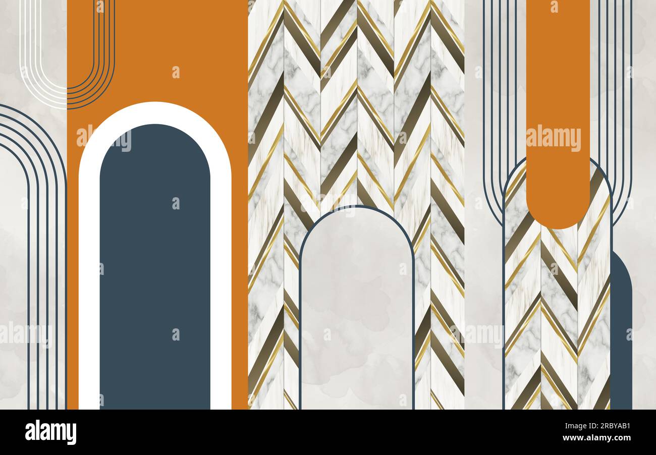 sfondo murale minimo 3d. carta da parati geometrica moderna. Linee dorate, arancioni e blu scuro su sfondo chiaro. per l'arredamento domestico delle pareti interne Foto Stock