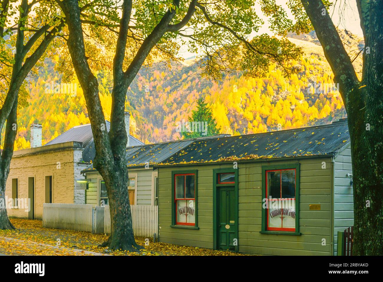 Old Houses in Historic Gold Mining Town of Arrowtown in autunno, Arrowtown, Otago, nuova Zelanda, Oceano Pacifico sudoccidentale Foto Stock