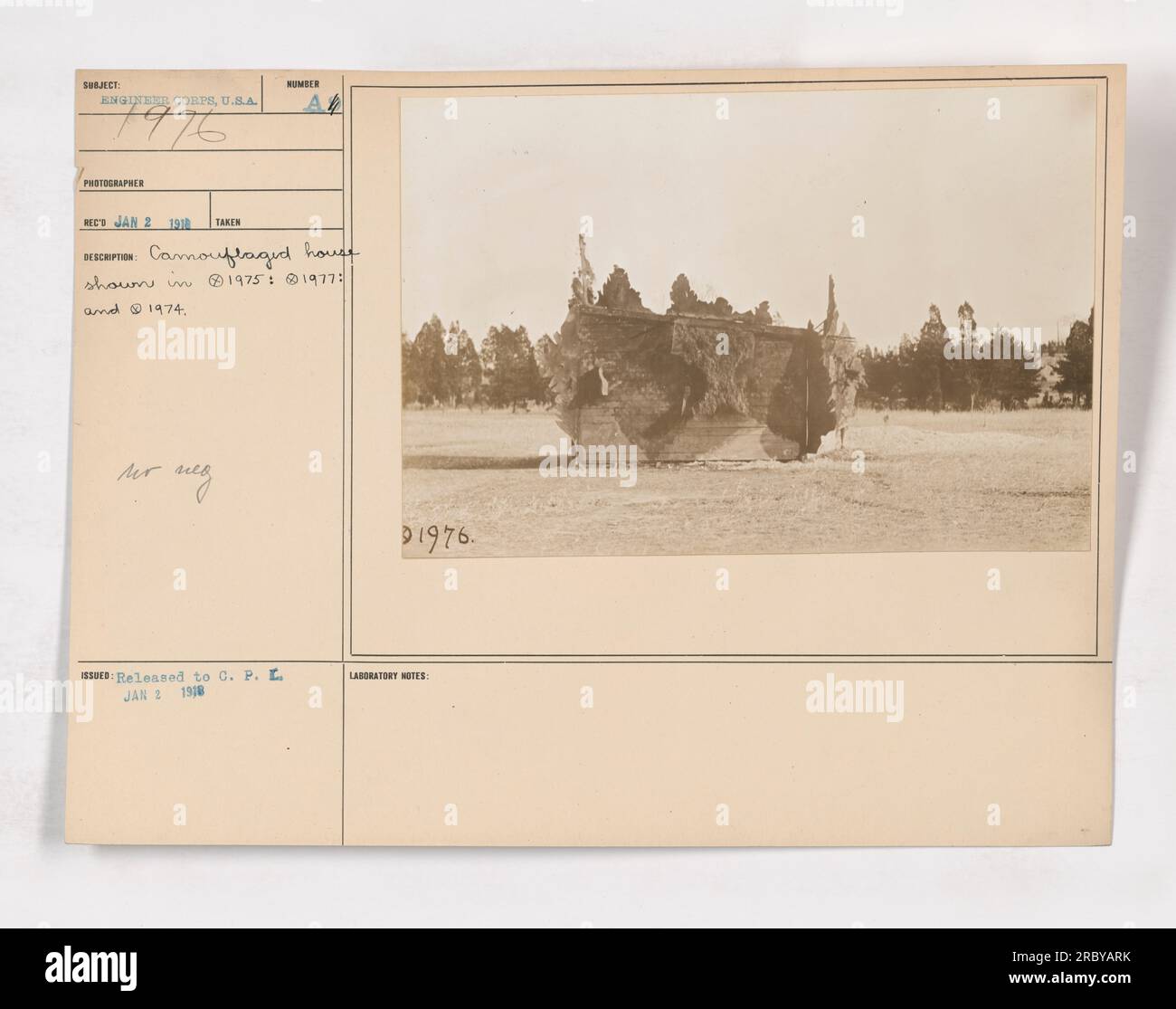 Casa mimetica mostrata nel 1975, 1976 e 1974. Questa fotografia fa parte della collezione "Photographs of American Military Activities during World War One". La casa è stata camuffata come misura di difesa dal corpo degli ingegneri degli Stati Uniti Questa immagine è stata scattata dal fotografo Reco il 2 gennaio 1910. È stato distribuito alla O.P.L. il 2 gennaio 1918. Foto Stock