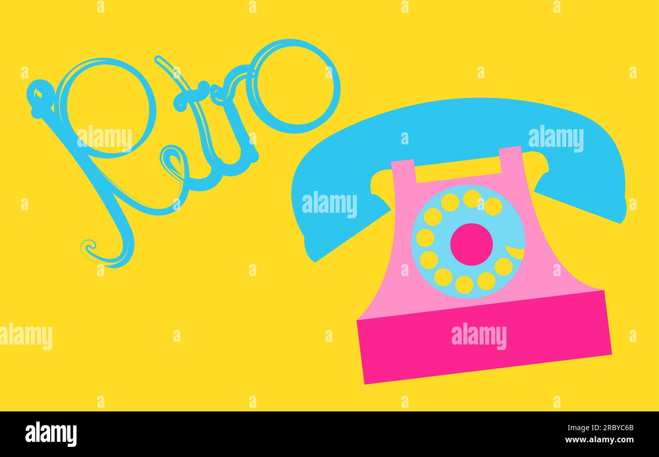 Retrò, vecchio, antico, hipster, vintage, telefono antico, disco, rosa con un tubo con un'iscrizione retrò scritta in bellissime lettere blu su un ba giallo Illustrazione Vettoriale