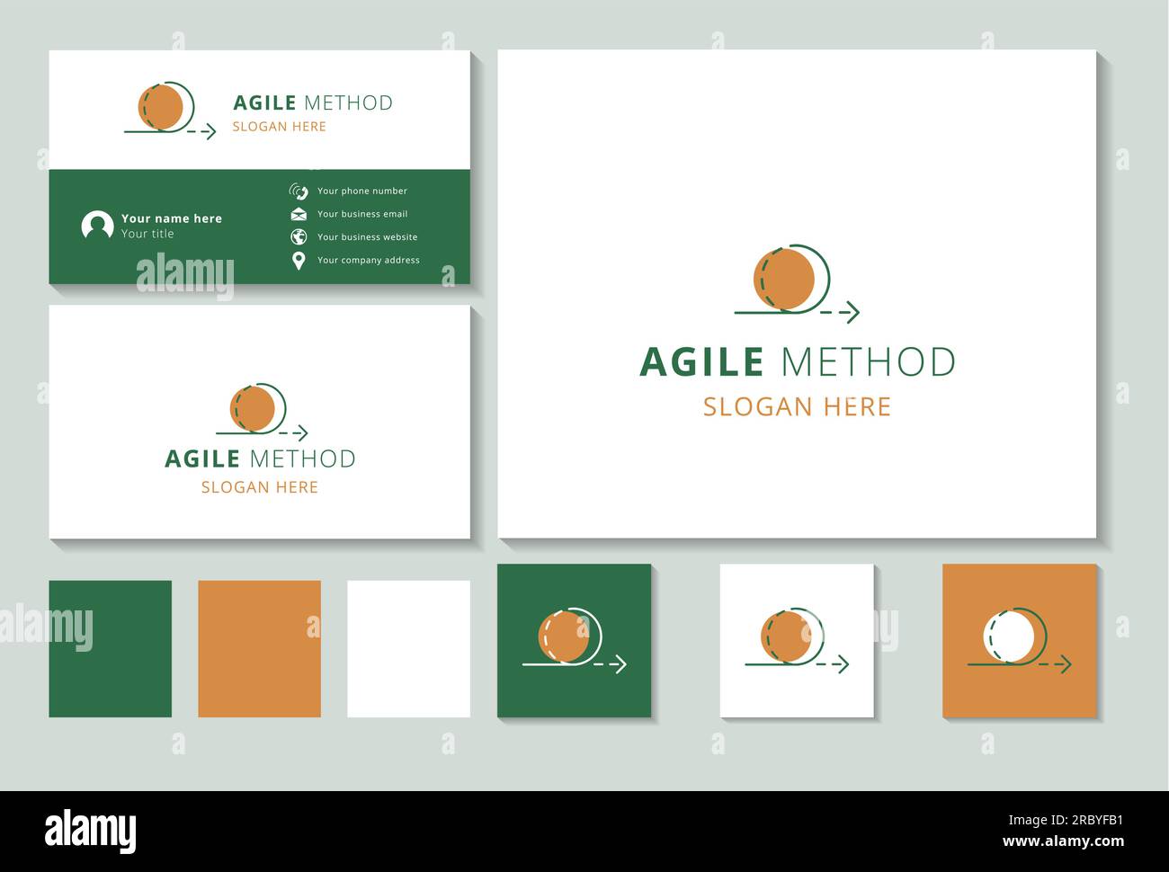 Design del logo Agile Method con slogan modificabile. Libro di branding e modello biglietto da visita. Illustrazione Vettoriale