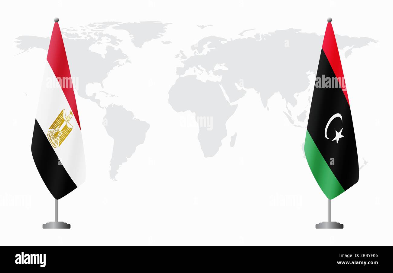 Egitto e Libia bandiere per un incontro ufficiale sullo sfondo della mappa mondiale. Illustrazione Vettoriale