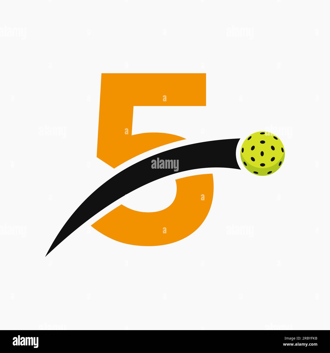 Logo Pickleball sulla lettera 5 con icona Pickleball in movimento. Modello segnale Pickleball Illustrazione Vettoriale