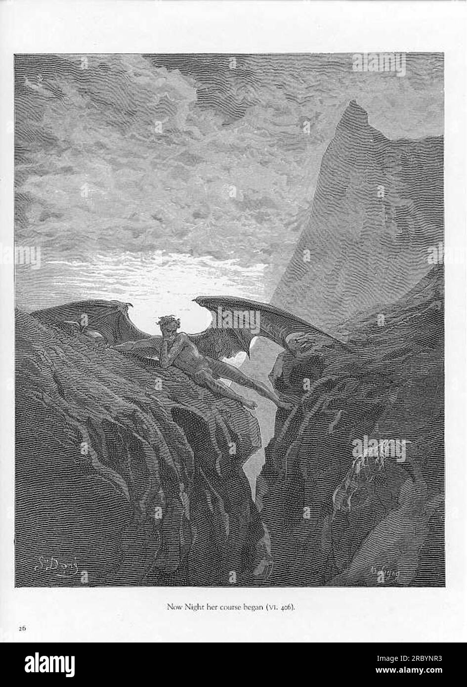 Targa n.. 26 Libro vi riga 406 'Now Night Her Course Beginted.' 1882 di Gustave Dore Foto Stock