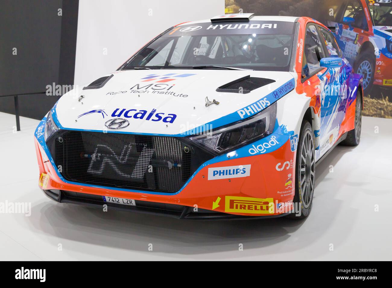 Barcellona, Spagna - 14 maggio 2023: Hyundai i20 N Rally2 in mostra all'Automobile Barcelona 2023 a Barcellona, Spagna. Foto Stock