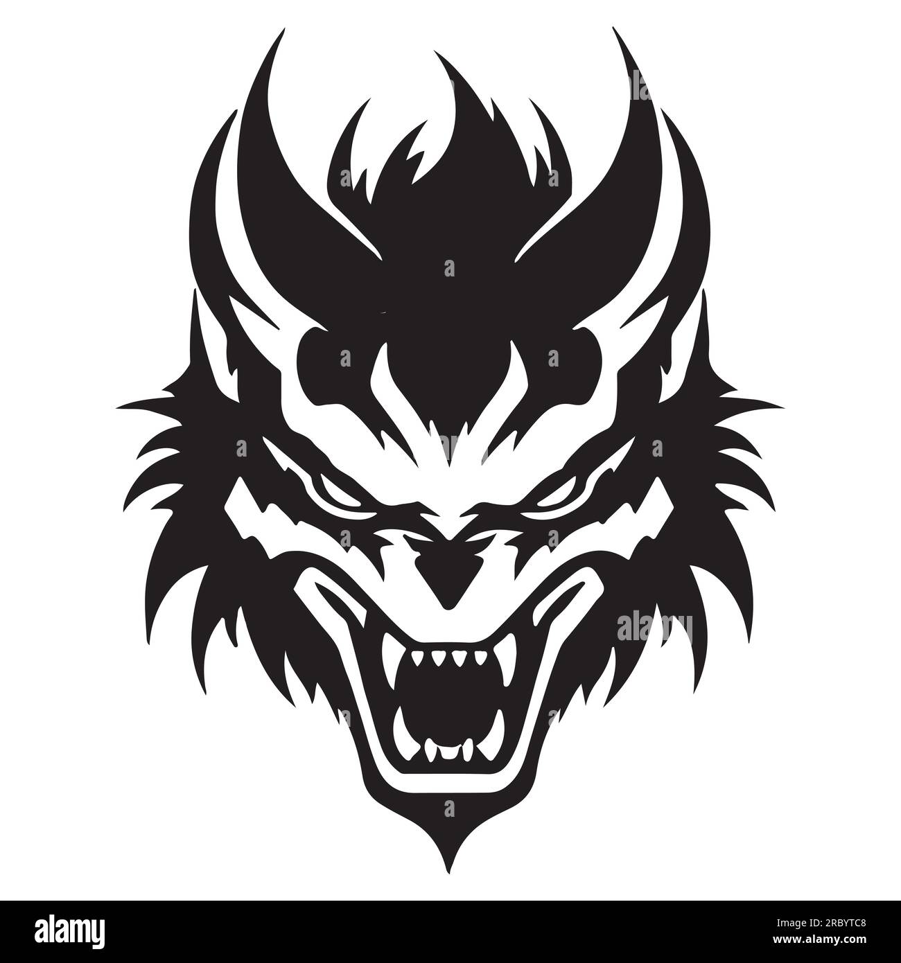 Tatuaggio nero minimalista Devil Wolf Head o Logo Design. Illustrazione della Mascott demoniaca vettoriale. Illustrazione Vettoriale
