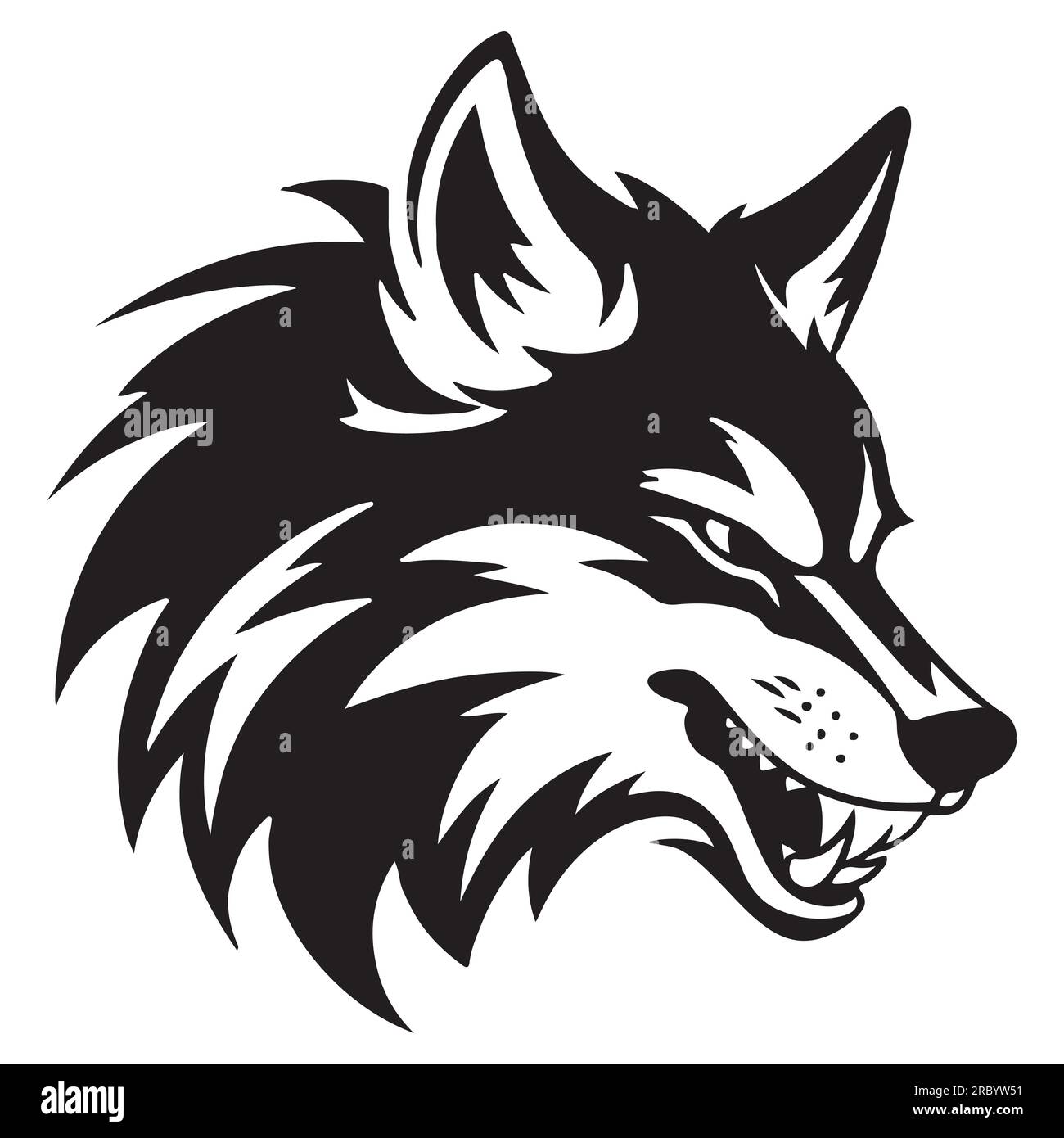 Illustrazione del tatuaggio bianco e nero Angry Wolf Head. Illustrazione Vettoriale