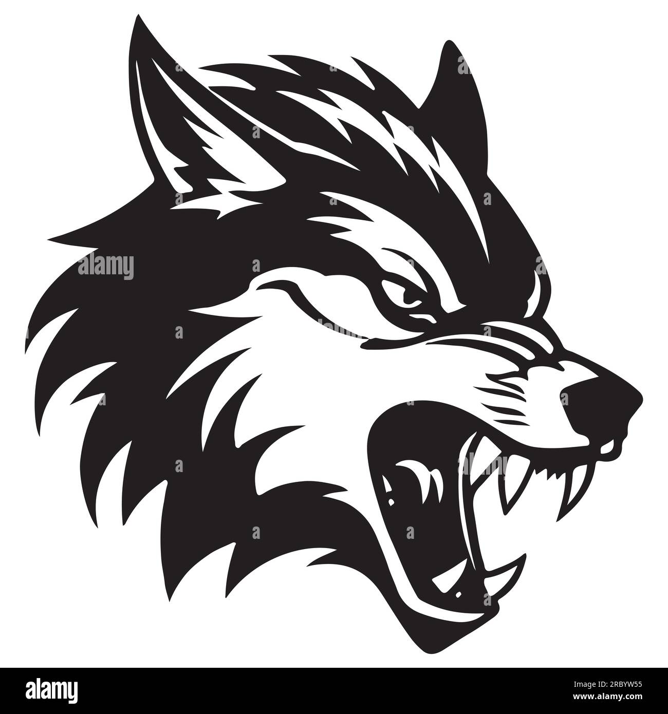 Illustrazione del tatuaggio bianco e nero Angry Wolf Head. Illustrazione Vettoriale