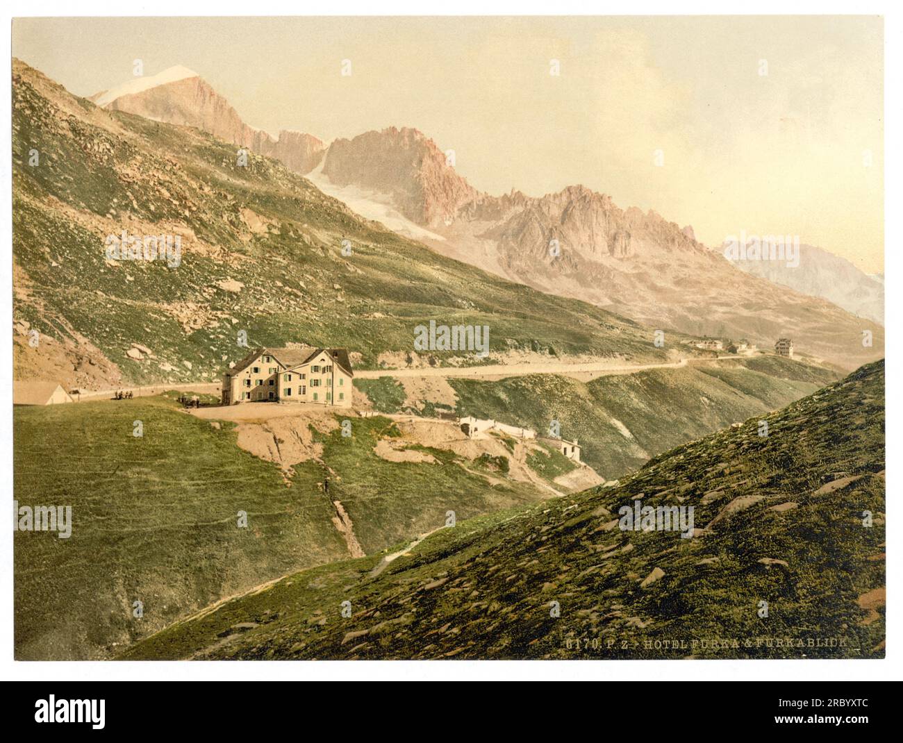 Furka Pass e Hotel Furka, Alpi Svizzere, Uri, Svizzera 1890. Foto Stock