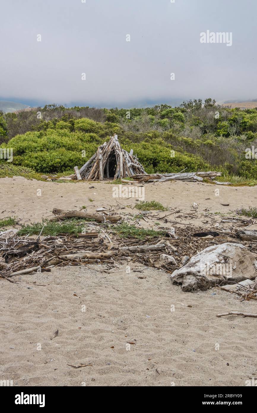 Diftwood Beach Shack costruito da un costruttore anonimo all'Andrew Molera State Park, a Big Sur, California. Foto Stock