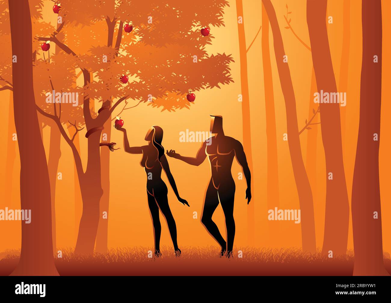 Illustrazione vettoriale biblica di Adamo ed Eva, un serpente inganna Eva nel mangiare frutta dall'albero proibito Illustrazione Vettoriale