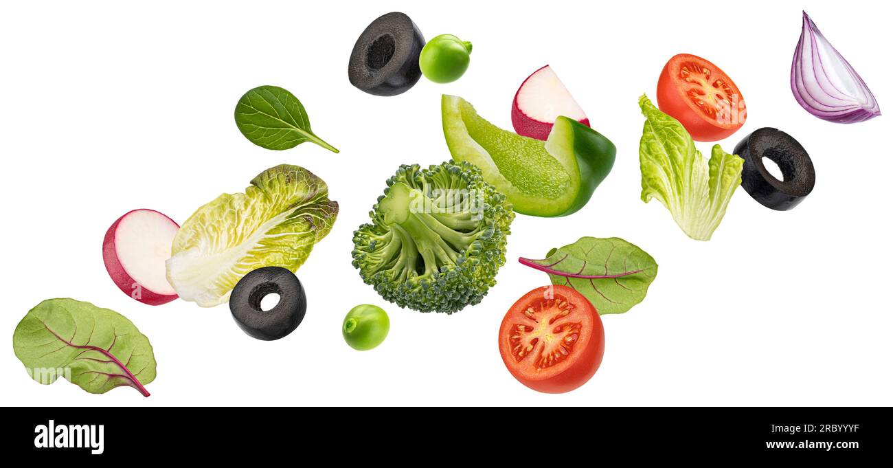 Verdure in caduta, insalata di peperone, pomodoro e lattuga Foto Stock