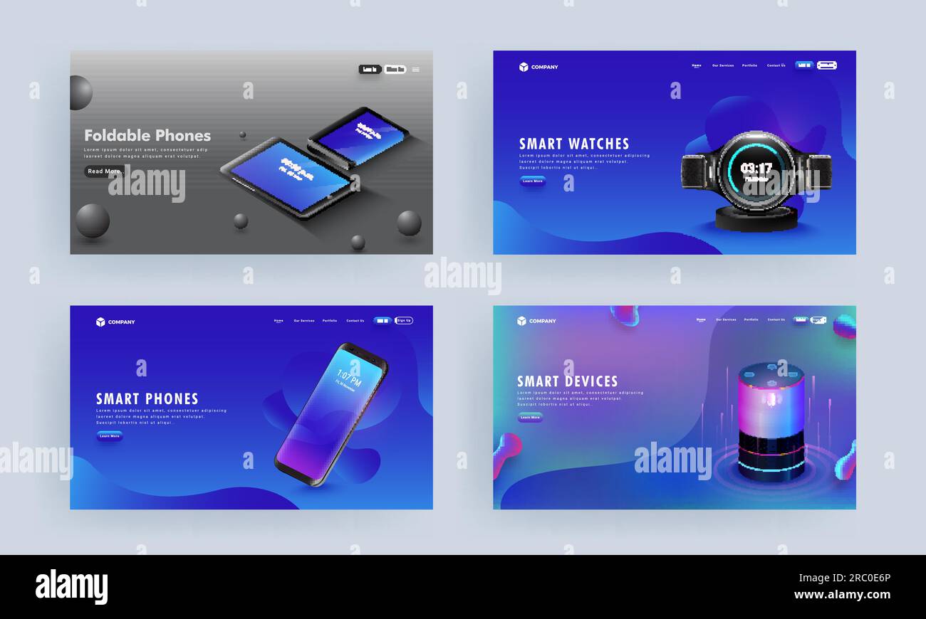 Landing page o immagini di eroi con gadget come smartphone, assistente vocale, tablet e smart Watch su sfondo astratto. Illustrazione Vettoriale