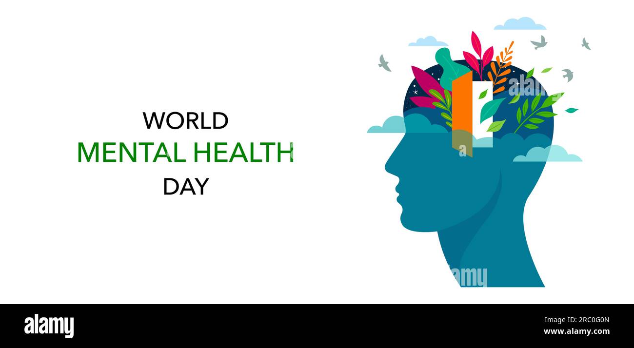Giornata mondiale della salute mentale, design concettuale con profilo astratto della testa umana, fiori, foglie e porta aperta. Design concettuale Illustrazione Vettoriale