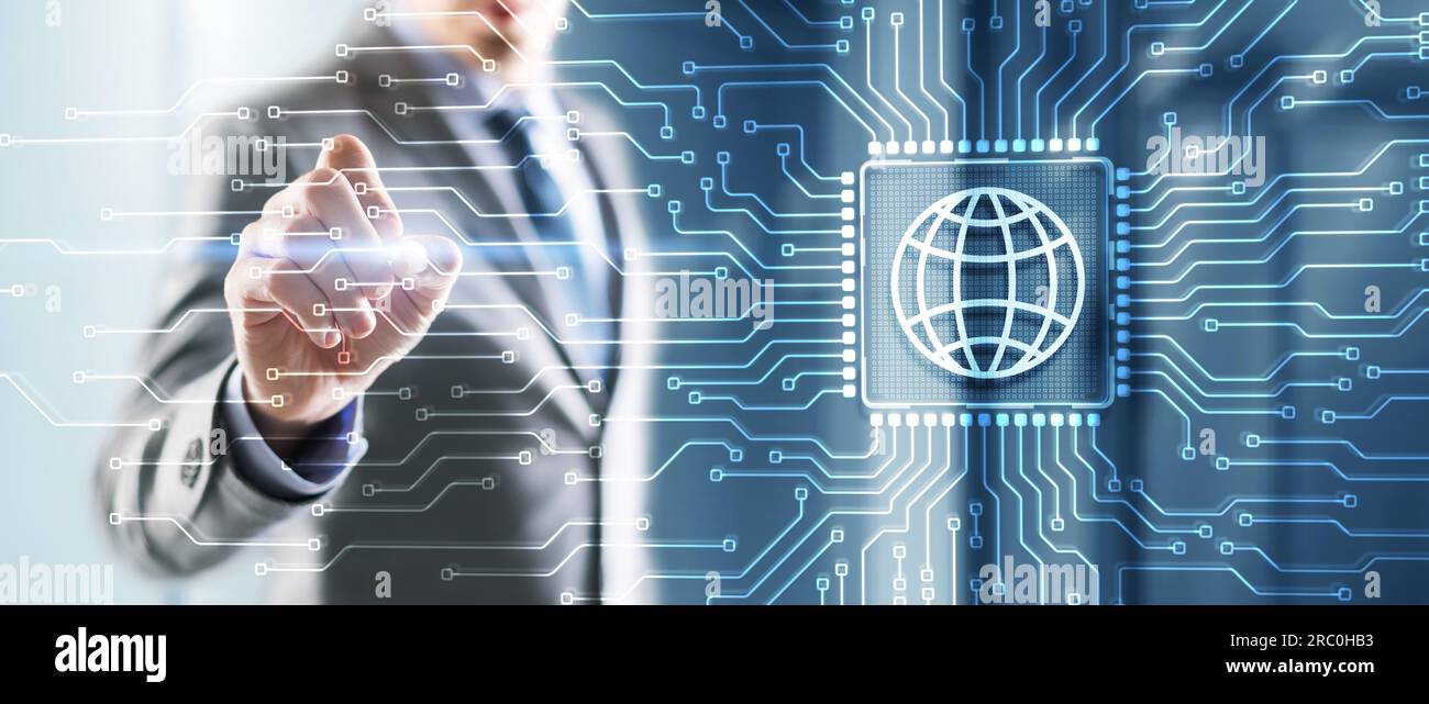Telecomunicazioni. Concetto di rete di comunicazione. Internet delle cose e rete di comunicazione dell'informazione. Foto Stock