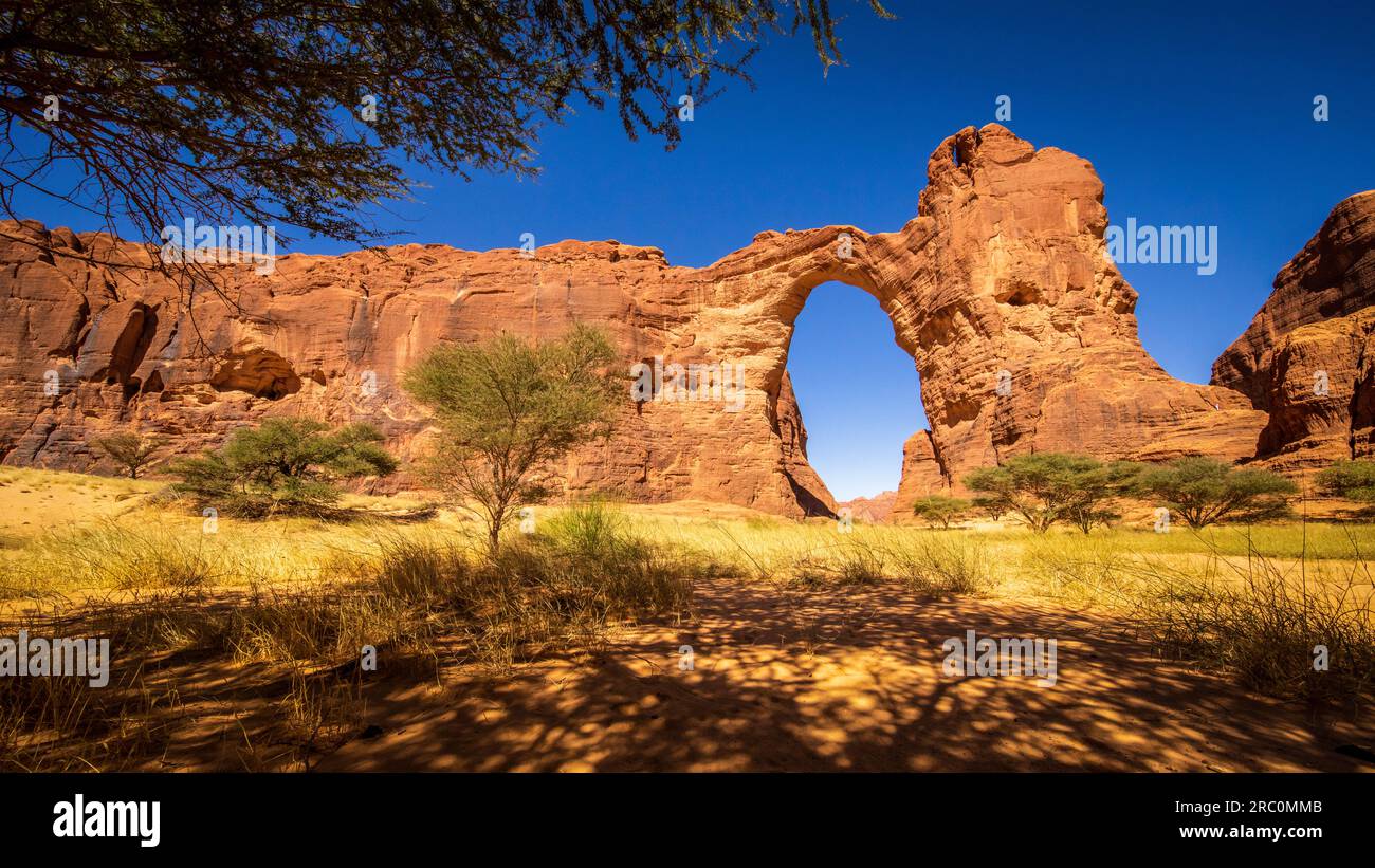 Aloba Arch: Una testimonianza della grandezza della natura, scolpita nell'austera bellezza del deserto del Sahara del Ciad Foto Stock