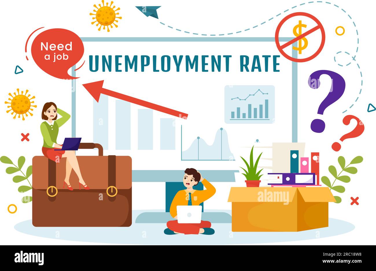 Illustrazione vettoriale del tasso di disoccupazione con molte persone alla ricerca di un lavoro, di una recessione economica e di una crisi finanziaria in modelli disegnati a mano Flat Cartoon Illustrazione Vettoriale