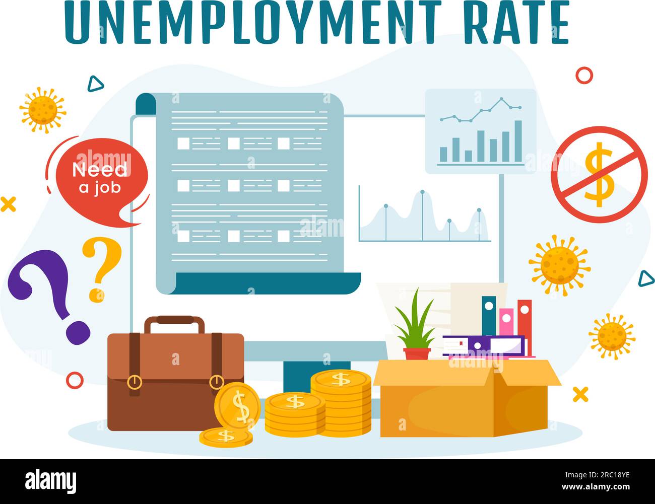 Illustrazione vettoriale del tasso di disoccupazione con molte persone alla ricerca di un lavoro, di una recessione economica e di una crisi finanziaria in modelli disegnati a mano Flat Cartoon Illustrazione Vettoriale