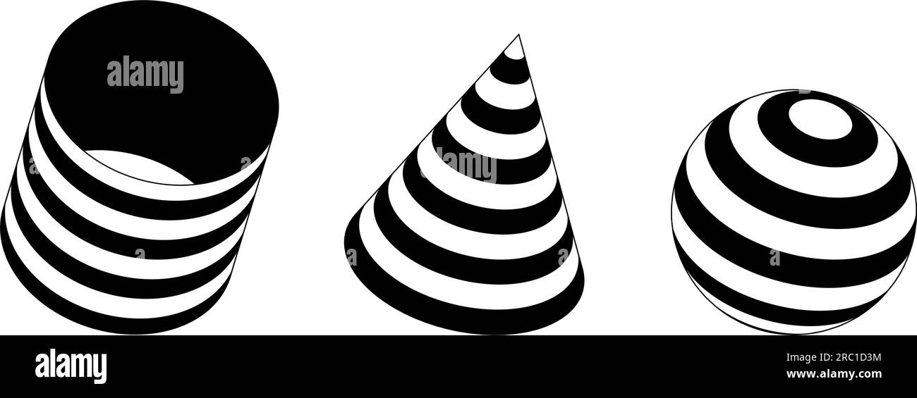 Set di forme 3d con strisce. Elementi di design in bianco e nero a cono, cilindro e sfera per modelli, poster, volantini e banner. Raccolta moduli geometrici vettoriali Illustrazione Vettoriale