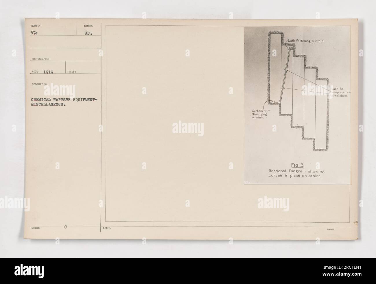 Uno schema in sezione che mostra una tenda posizionata su una serie di scale per mantenerla tesa e sicura durante le attività di guerra chimica. Il diagramma mostra il fermo che fissa la tenda e varie gengive sdraiate sulle scale. Questa immagine fa parte di una serie che cattura le azioni militari americane durante la prima guerra mondiale. Foto Stock
