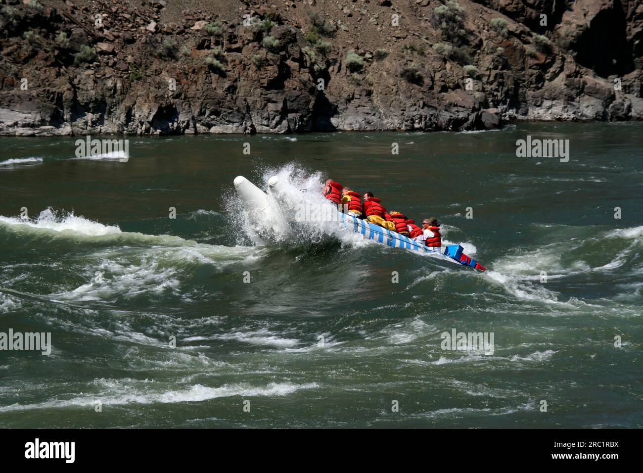 Avventura sulle acque bianche sul fiume Thompson nella Columbia Britannica, Canada Foto Stock