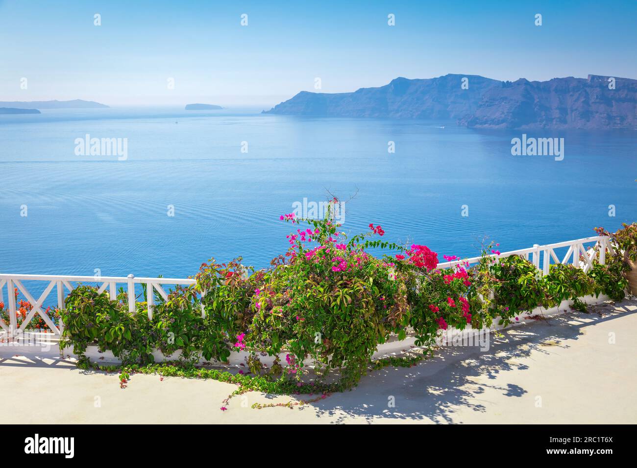 Sfondo del concetto di Santorini. Grecia, isola di Santorini, Oia - architettura bianca, fiori e mare e cielo blu. Sfondo astratto, spazio vuoto. Gree Foto Stock