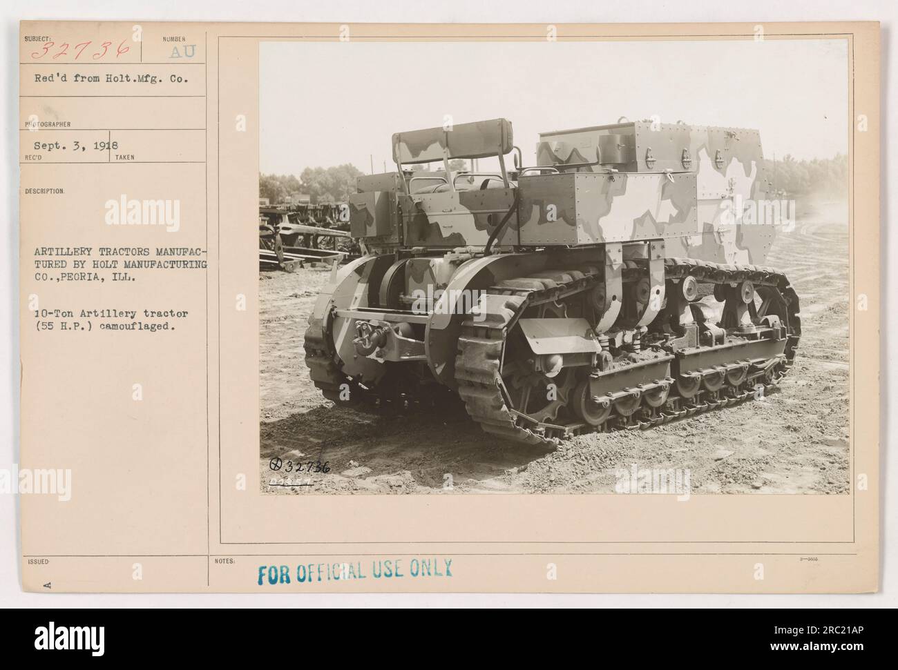 Un trattore d'artiglieria da 10 tonnellate (55 H.P.) prodotto da Holt Manufacturing Co., Pecria, Ill., è mostrato in questo schema mimetico. La foto è stata scattata il 3 settembre 1918 e ricevuta dalla Holt Manufacturing Co. Reca il numero di descrizione 32736 ed è destinato esclusivamente ad uso ufficiale. Foto Stock