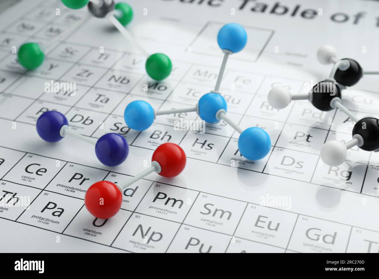 Modelli molecolari su tavola periodica di elementi chimici Foto Stock