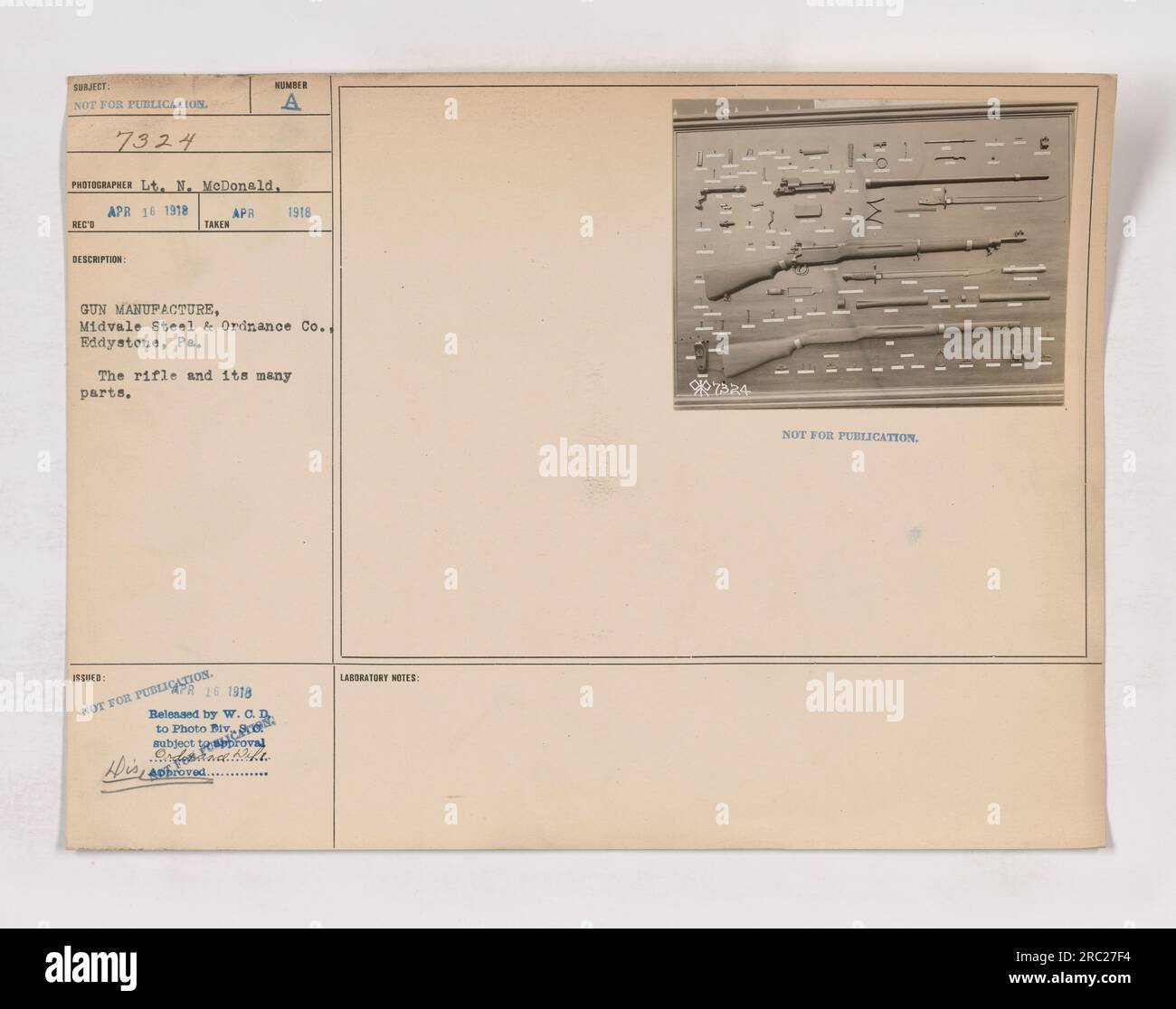 Questa immagine mostra il processo di produzione di un fucile e delle sue numerose parti presso la Midvale Steel & Ordnance Co. Di Eddystone, PA. La foto è stata scattata il 16 aprile 1918 dal tenente N. McDonald. Si noti che questo argomento non deve essere pubblicato. Foto Stock