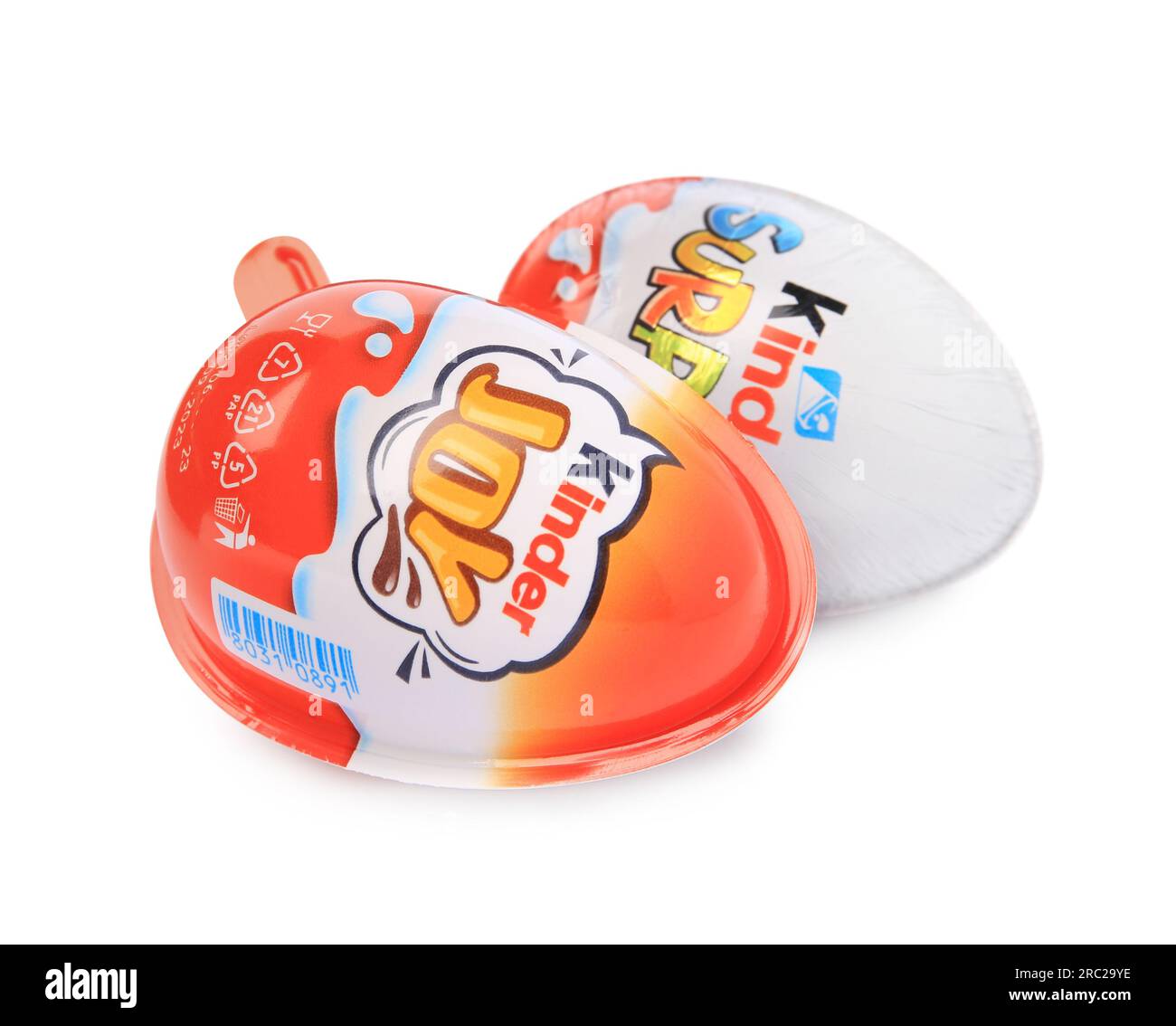 Slynchev Bryag, Bulgaria - 24 maggio 2023: Kinder Surprise and Joy Eggs on White background Foto Stock