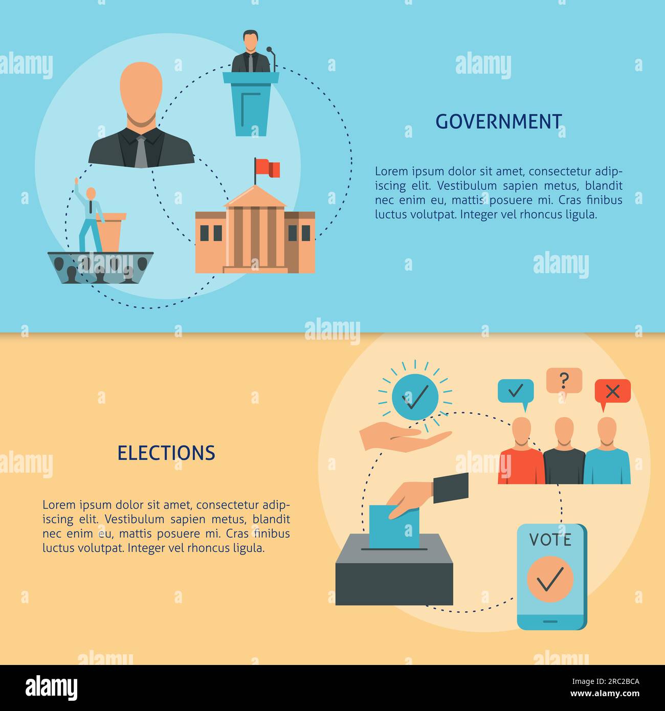Modello di banner per governo e elezioni. Simboli amministrativi e di voto politico. Illustrazione vettoriale. Illustrazione Vettoriale
