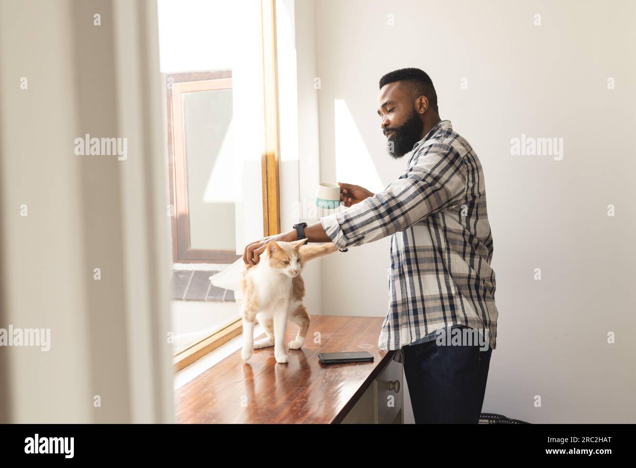 Felice uomo afro-americano che indossa una camicia a scacchi con tazza di caffè e gatto accarezzato Foto Stock