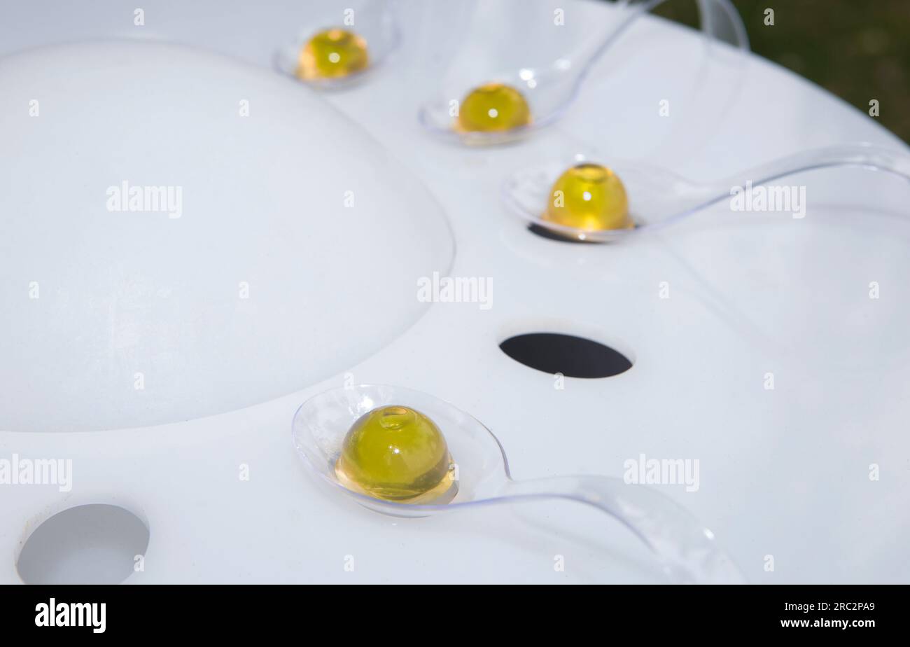 Gelatine di olio extravergine d'oliva. Messa a fuoco selettiva Foto Stock