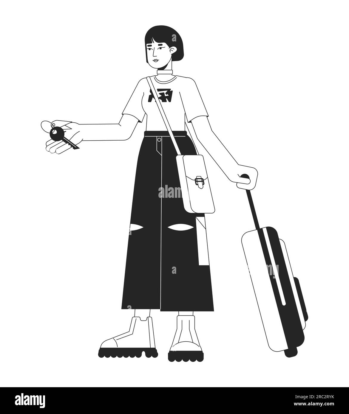 Viaggiatore femminile che tiene la chiave della camera d'albergo, linea piatta, carattere vettoriale bianco e nero Illustrazione Vettoriale Viaggiatore femminile che tiene la chiave della camera d'albergo, linea piatta, carattere vettoriale bianco e nero Illustrazione Vettoriale
