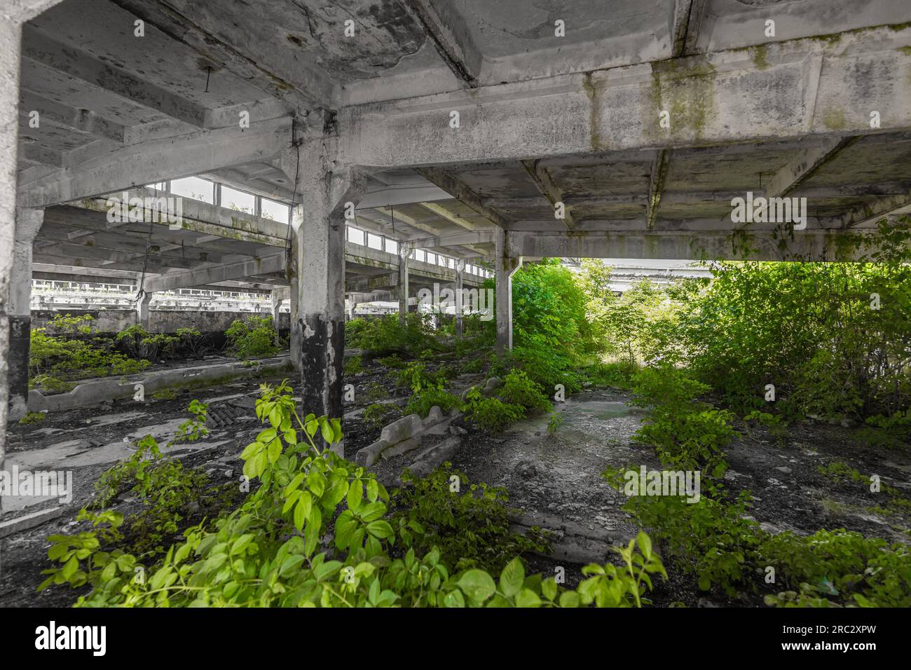 Interni di edifici industriali abbandonati. Vecchio edificio abbandonato in rovina Foto Stock