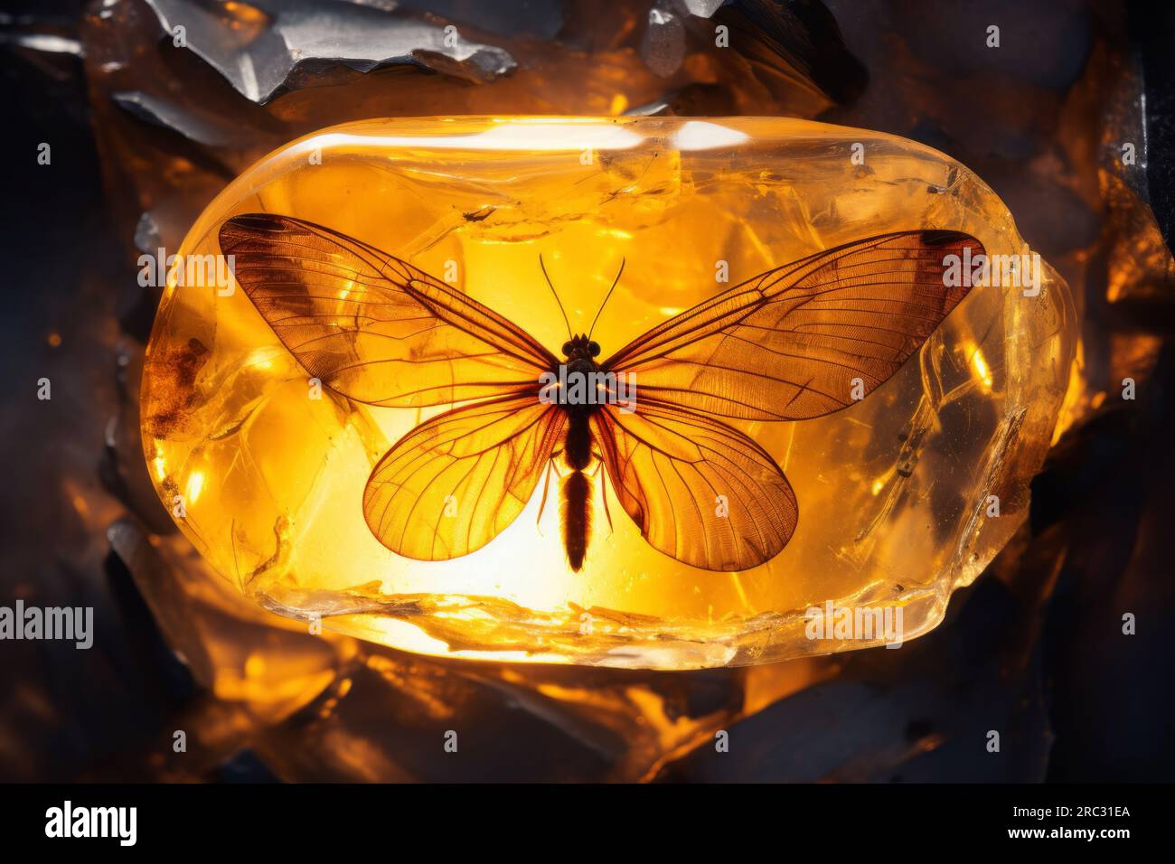Ambra baltica con insetti intrappolati. Animale conservato in un pezzo di ambra. Fotografia macro di pietre preziose. Resina fossilizzata per alberi. Bellezza naturale Foto Stock