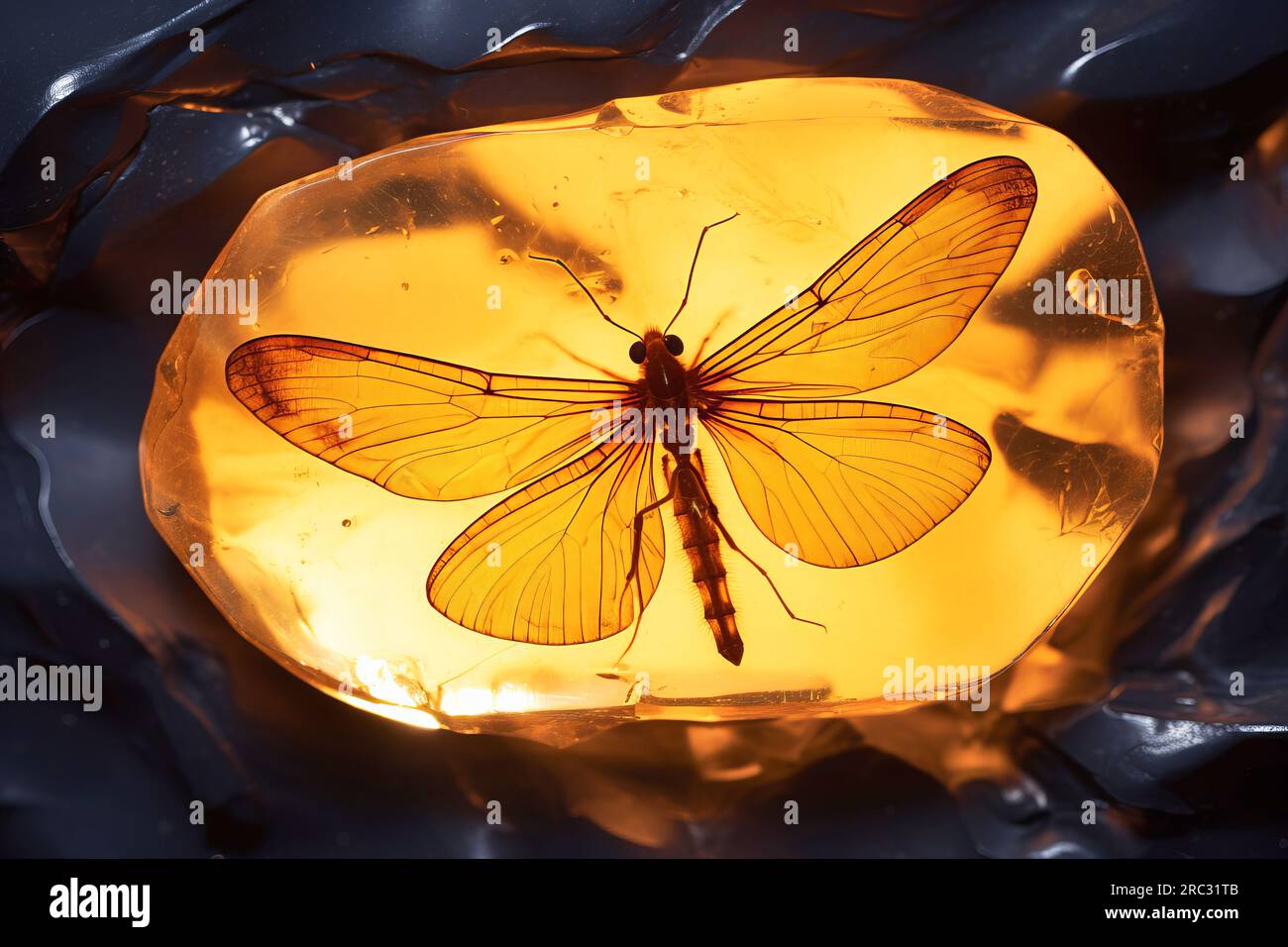 Ambra baltica con insetti intrappolati. Animale conservato in un pezzo di ambra. Fotografia macro di pietre preziose. Resina fossilizzata per alberi. Bellezza naturale Foto Stock